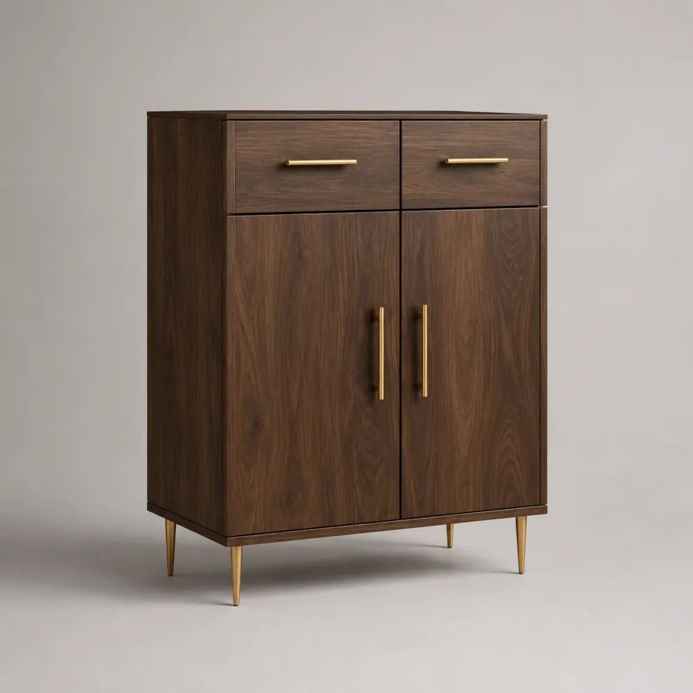 Highboard aus MDF in Walnussoptik mit 2 Türen und 2 Schubladen, Dunkelbraun/Goldfarben, 90 × 40 × 120 cm