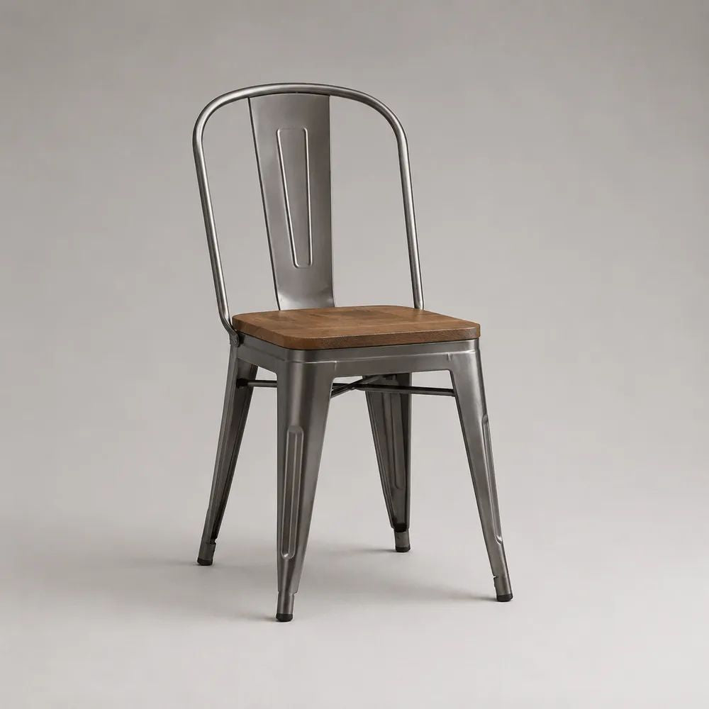 Esszimmerstuhl aus Stahl mit Holz-Sitzfläche, Grau/Braun/Schwarz, 45 × 52 × 85 cm