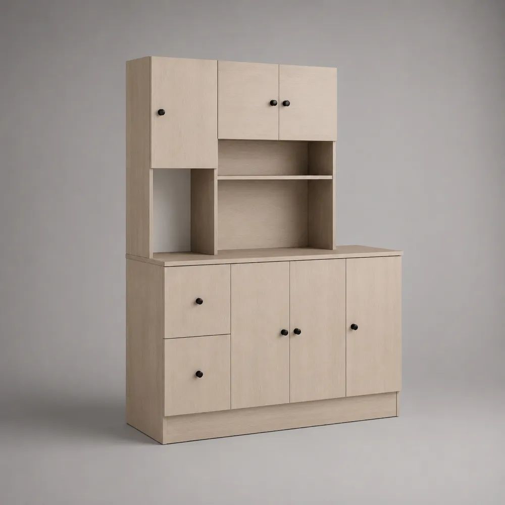 Küchenbuffet mit Aufsatz, 7 Türen und 1 Schublade, Holzwerkstoff, Helle Eiche/Schwarz, 120 × 40 × 180 cm
