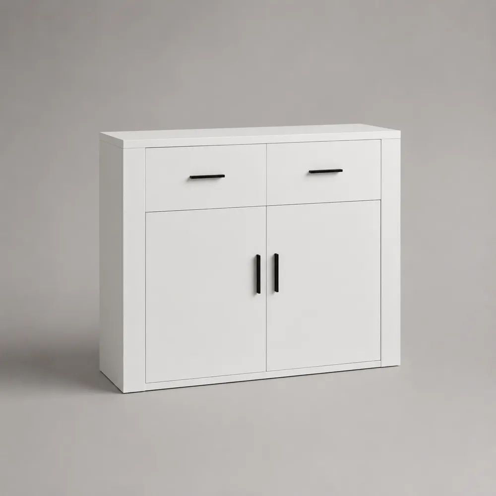 Sideboard mit 2 Türen und 2 Schubladen aus melaminbeschichteter Spanplatte, Weiß/Schwarz, 80 × 35 × 80 cm