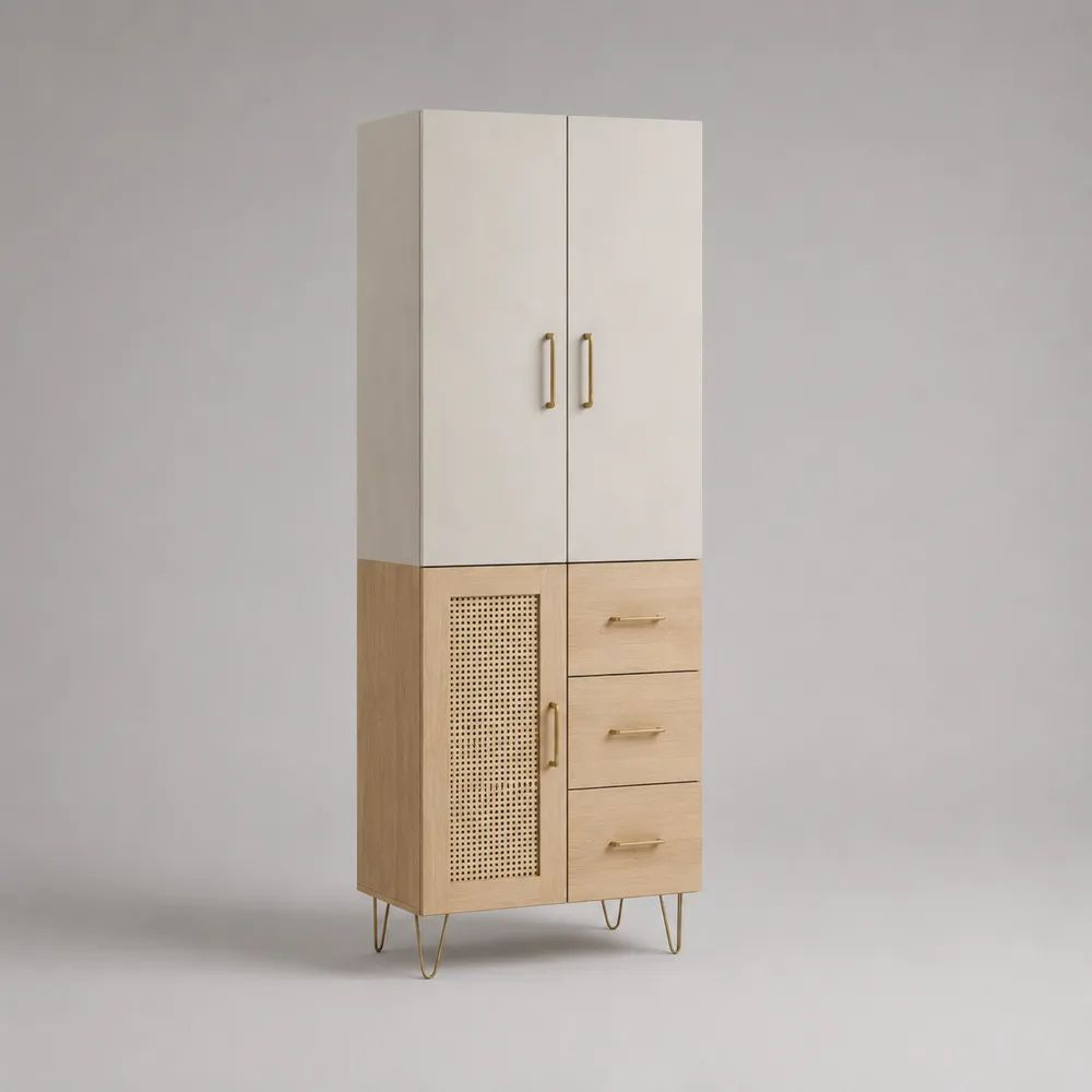 Hochschrank mit 3 Türen und 3 Schubladen aus MDF, Rattangeflecht und Stahl, Weiß/Eiche Hell, 80 × 40 × 180 cm