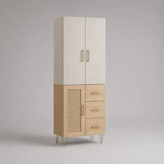 Hochschrank mit 3 Türen und 3 Schubladen aus MDF, Rattangeflecht und Stahl, Weiß/Eiche Hell, 80 × 40 × 180 cm