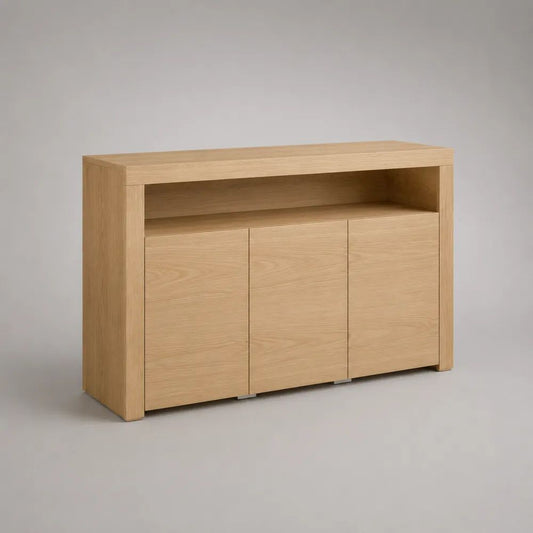 Sideboard aus Holz mit Eichenfurnier, 3 Türen und offenem Fach, Eiche Natur, 120 × 40 × 85 cm