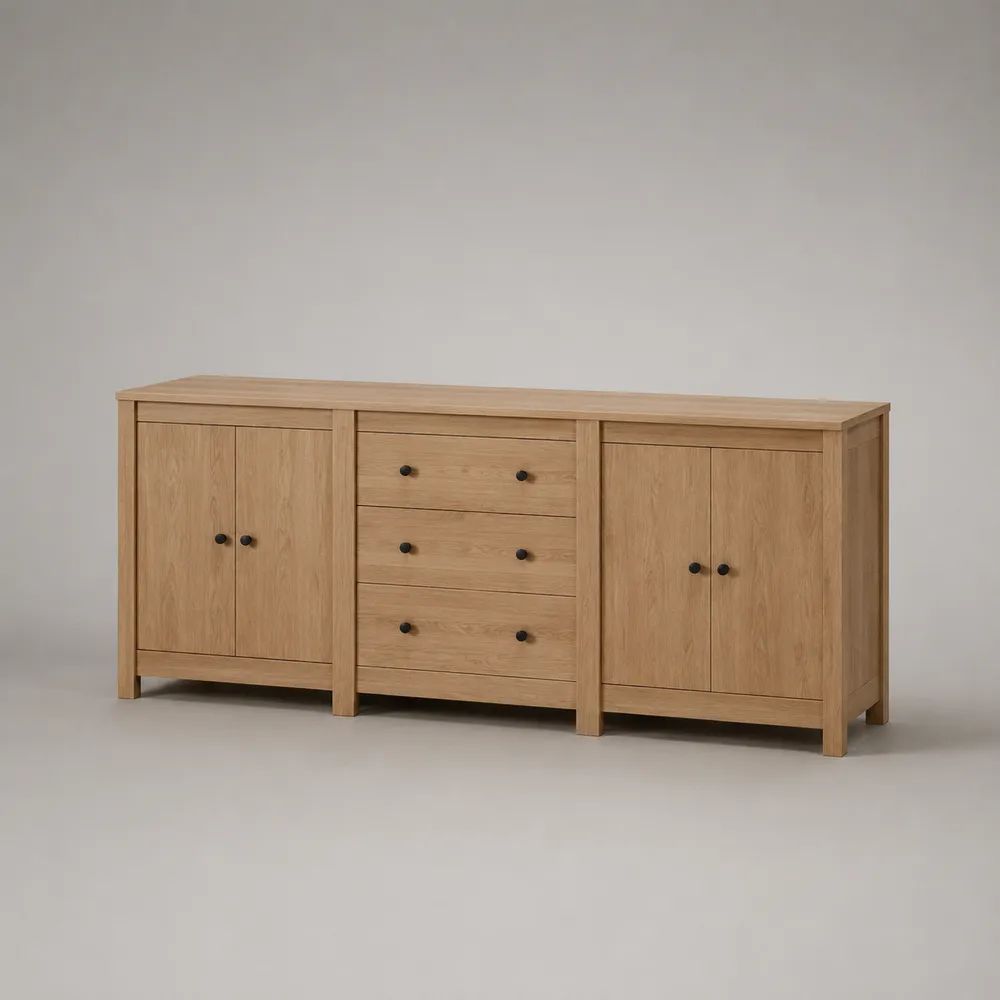 Sideboard aus Holz mit 4 Türen und 3 Schubladen, Eichenfurnier, Naturbraun/Schwarz, 180 × 40 × 80 cm