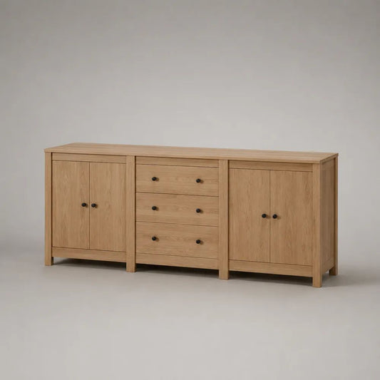 Sideboard aus Holz mit 4 Türen und 3 Schubladen, Eichenfurnier, Naturbraun/Schwarz, 180 × 40 × 80 cm