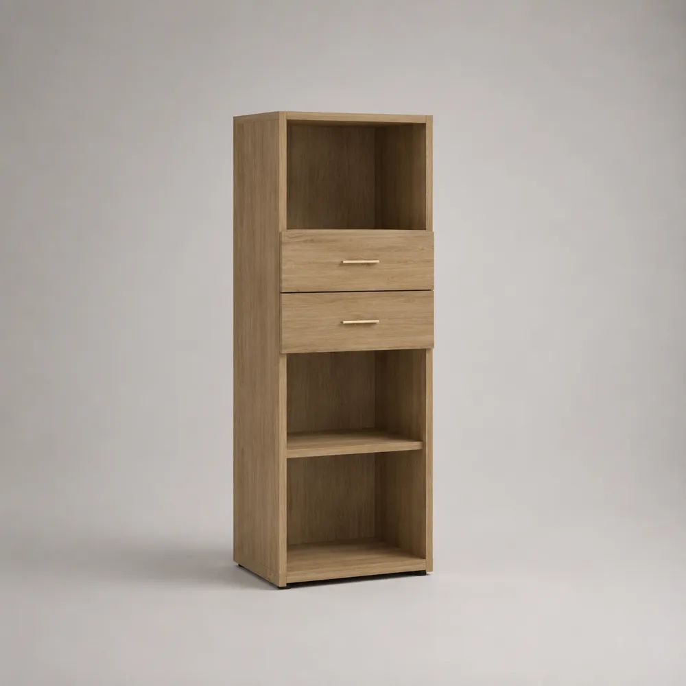 Buffetschrank Hochschrank aus melaminbeschichteter Spanplatte mit 2 Schubladen und 3 offenen Fächern, Eiche Natur, 45 × 40 × 140 cm