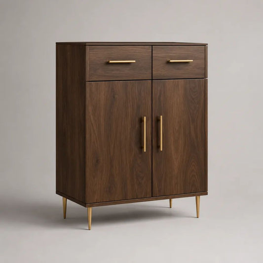 Highboard aus MDF in Walnussoptik mit 2 Türen und 2 Schubladen, Dunkelbraun/Goldfarben, 90 × 40 × 120 cm