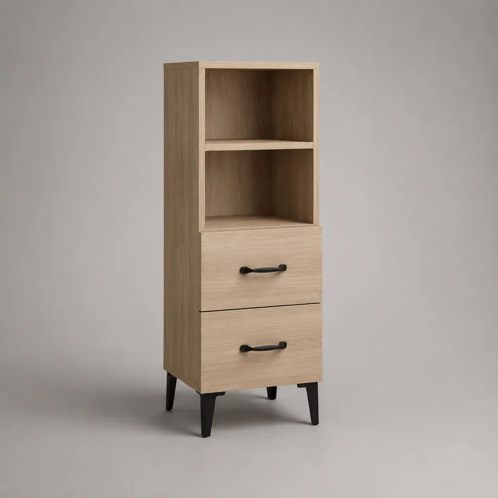 Schmaler Buffetschrank aus Spanplatte mit 2 Schubladen und 2 offenen Fächern, Helle Eiche/Schwarz, 40 × 35 × 120 cm