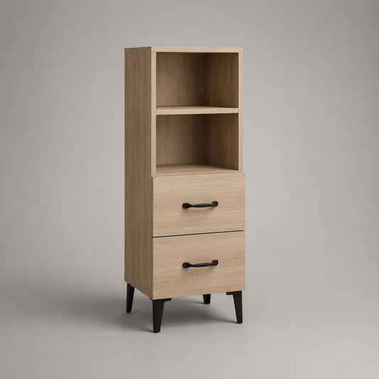 Schmaler Buffetschrank aus Spanplatte mit 2 Schubladen und 2 offenen Fächern, Helle Eiche/Schwarz, 40 × 35 × 120 cm