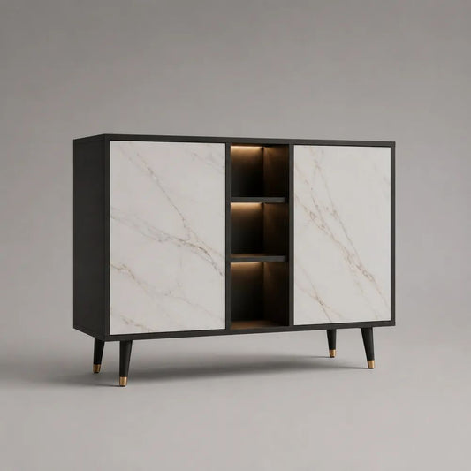 Sideboard aus MDF und Spanplatte mit 2 Türen, Marmoroptik, LED-Beleuchtung und 3 offenen Fächern, Schwarz/Weiß/Goldfarben, 140 × 40 × 100 cm