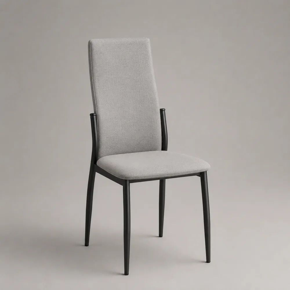 Gepolsterter Esszimmerstuhl aus Stoff und Metall mit hoher Rückenlehne, Hellgrau/Schwarz, 46 × 56 × 99 cm