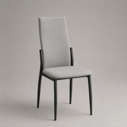 Gepolsterter Esszimmerstuhl aus Stoff und Metall mit hoher Rückenlehne, Hellgrau/Schwarz, 46 × 56 × 99 cm