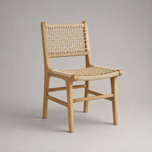 Gartenstuhl aus massivem Akazienholz mit PE-Seilgeflecht, Natur/Beige, 50 × 55 × 80 cm