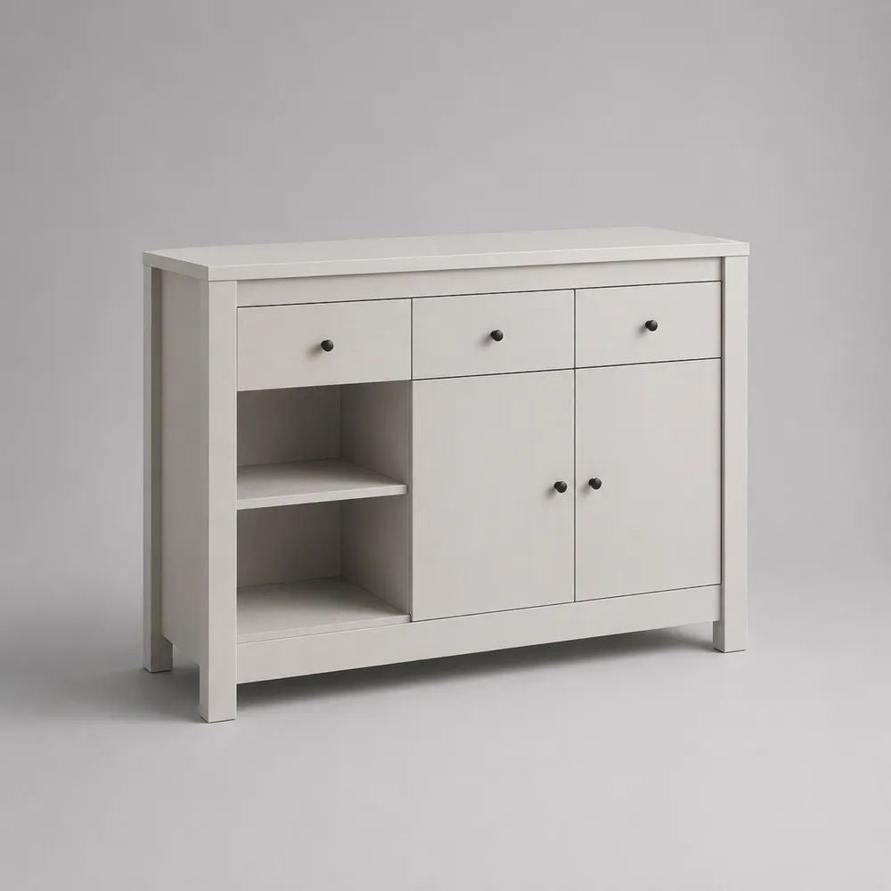 Sideboard aus MDF mit 3 Schubladen, 2 Türen und 2 offenen Fächern, Weiß/Schwarz, 120 × 40 × 90 cm