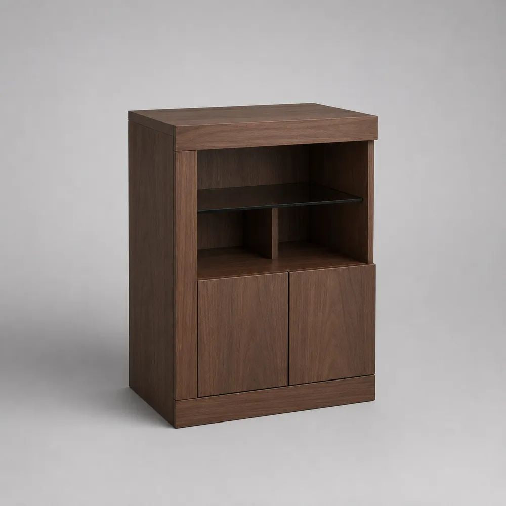 Buffetschrank mit 2 Türen und offenen Fächern aus Spanplatte und Rauchglas, Dunkelbraun/Schwarz, 80 × 40 × 120 cm