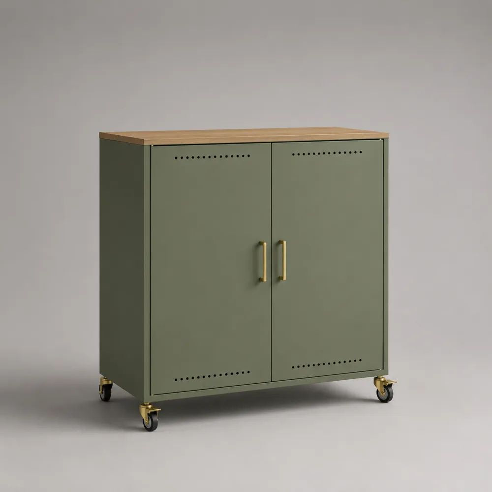 Buffetschrank auf Rollen mit 2 Türen aus Stahl und Holz, Olivgrün/Eichefarben, 90 × 40 × 95 cm