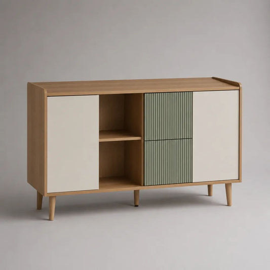 Sideboard aus MDF mit Eichenfurnier, 2 Türen, 2 Schubladen und 2 offenen Fächern, Natur/Beige/Salbeigrün, 150 × 40 × 85 cm