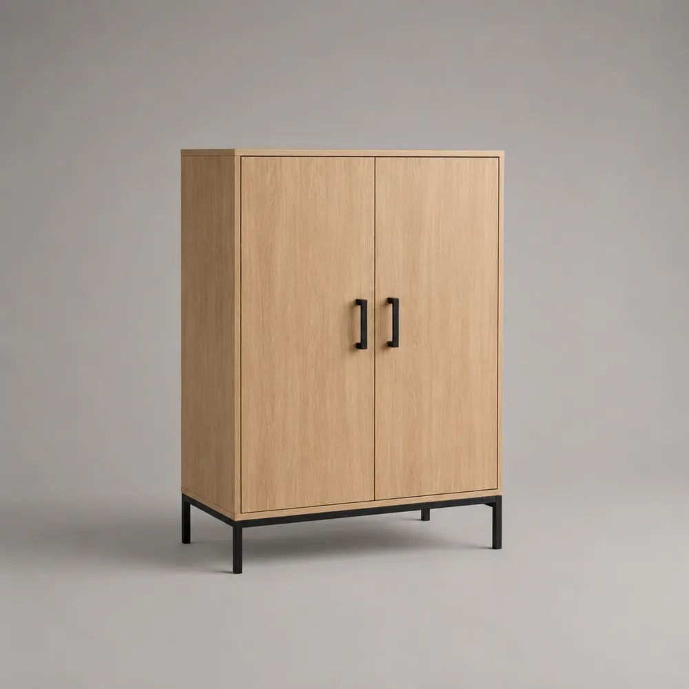 Hochschrank Buffetschrank mit 2 Türen aus Holz und Metall, Eiche Natur/Schwarz, 90 × 40 × 130 cm