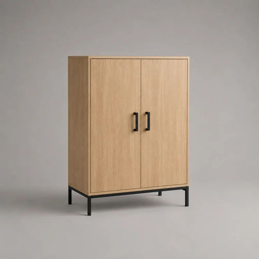 Hochschrank Buffetschrank mit 2 Türen aus Holz und Metall, Eiche Natur/Schwarz, 90 × 40 × 130 cm